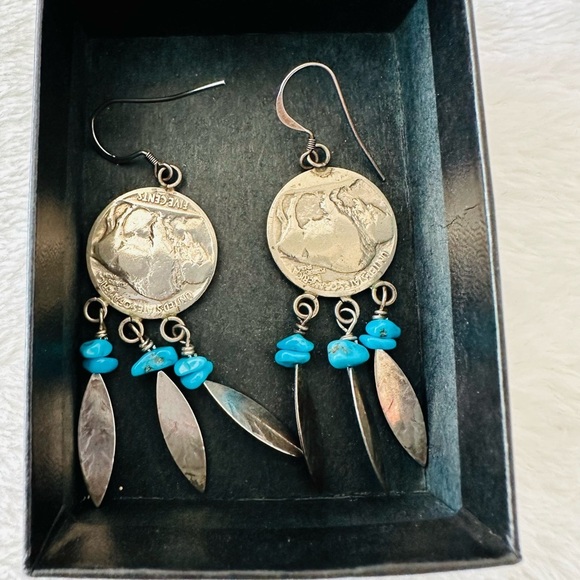 Navajo Handcrafts Sterling Silver Buffalo Nickel Turquoise Feather Earrings - Picture 2 of 2